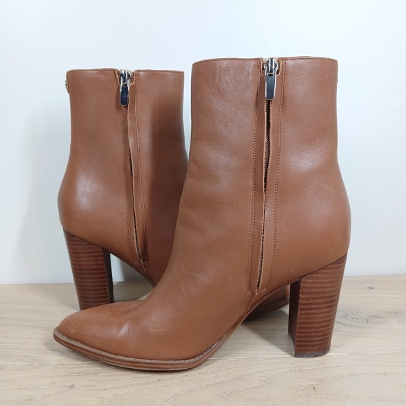 Nine West Boots Women 9.5 Tan Leather Block Heel Ankle Minimal Classic Basic - Picture 4 of 12